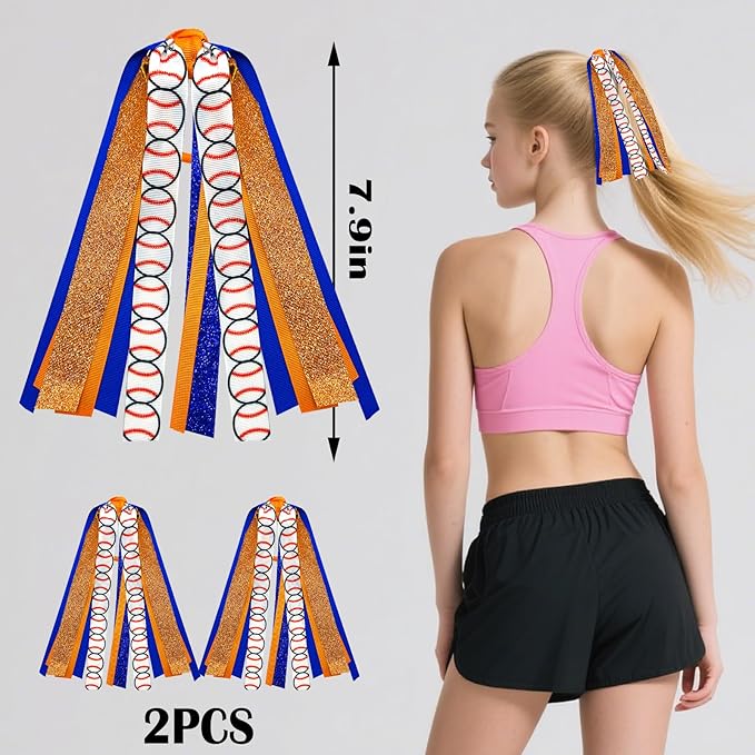 2pcs Baseball Ponytail Holders Hair Ribbons Streamer Orange Blue Glitter Baseball Elastic Hair Ties Band Hair Scrunchies Game Day Party Accessories Back School Gift for Women Cheerleader Fans