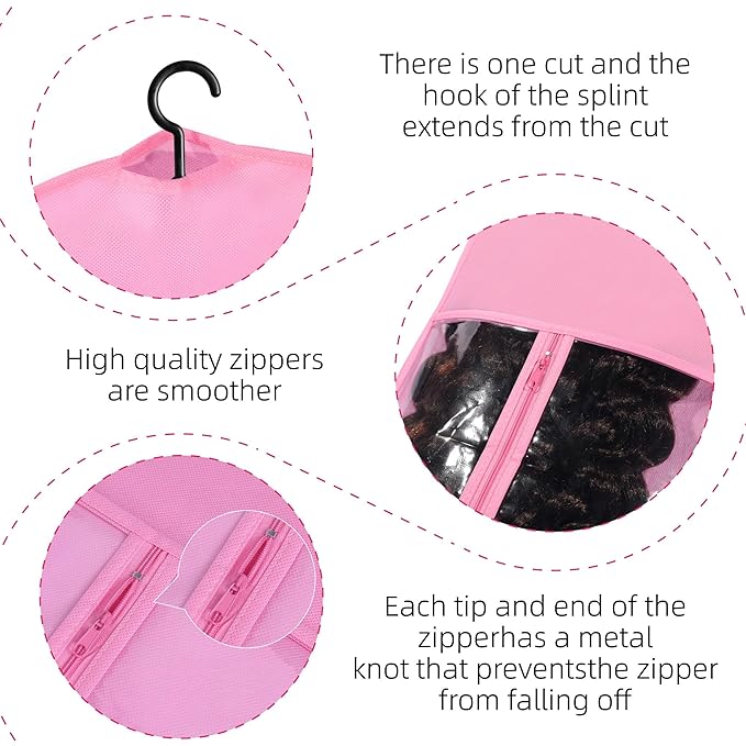 2PCS Wig Holder Wig Storage Portable Wig Bags Storage with Hanger Hair Extension Holder for Styling Wig Storage Bags Wig Organizer for Multiple Wigs Stand Hair Extensions, Wigs & Accessories (Pink)