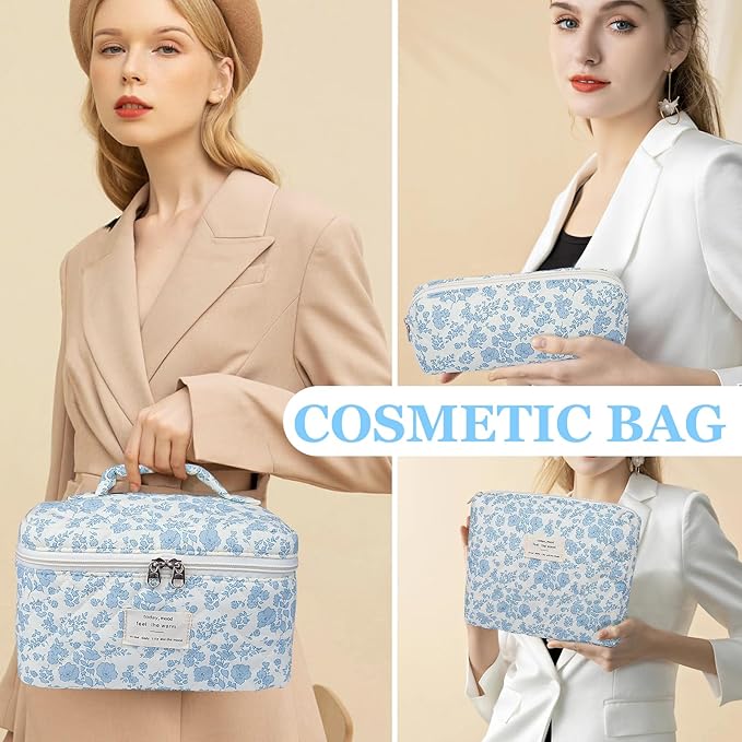 3PC Makeup Bag Set, Quilted Makeup Bag, Large Floral Cosmetic Bag for Women, Cute Cotton Makeup Bags, Flower Travel Toiletry Organizer Bag (Large Cherry)