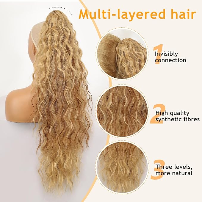 ORSUNCER Ponytail Extension Claw 30" Curly Pony Tail Clip in Claw Hair Extensions Fluffy Natural Looking Synthetic Hairpiece for Women Light Blonde Highlight