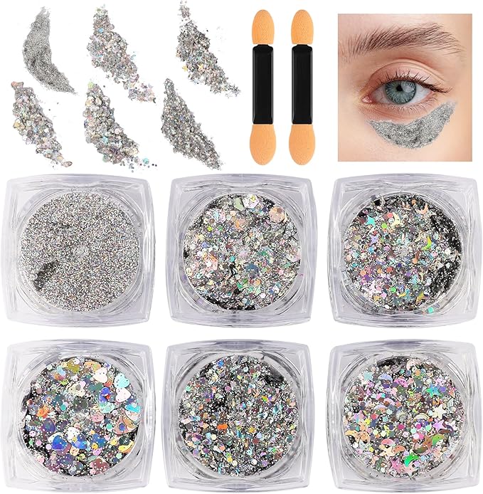 Glitter Body Face Hair Makeup Festival Gel, 6 Shapes Clear Silver Rave Glitter Face Pain Glitter Eyeshadow for Kids Women Girls Singer Concerts Festival Rave Accessories