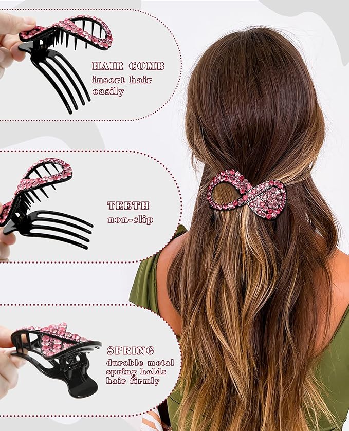 5PCS Rhinestone French Hair Clips for Women Thick Hair No Slip Curved Claw Clips Strong Hold Flat Hair Clip (Curved(Medium,3.54"))