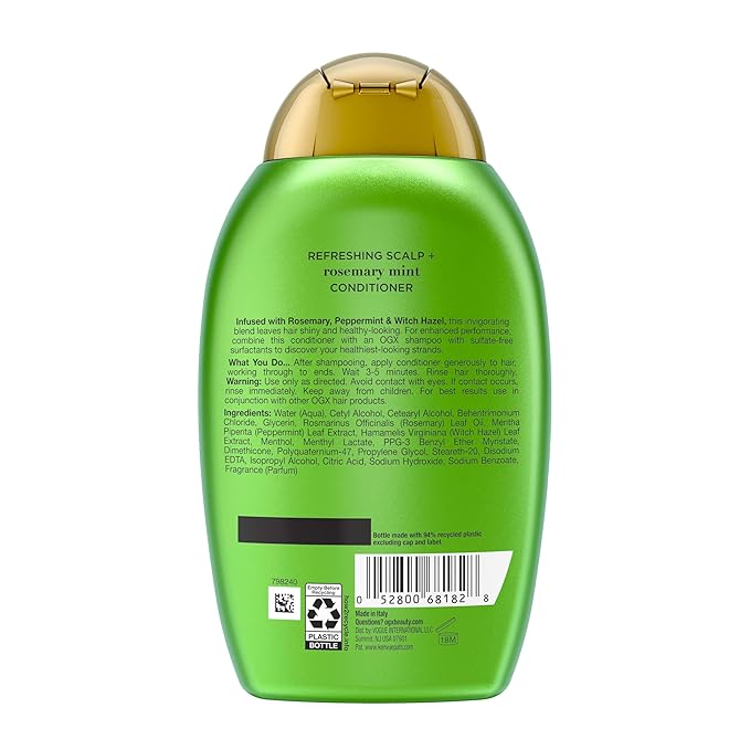 OGX Extra Strength Refreshing Scalp + Rosemary Mint Conditioner, Nourishing Hair Conditioner Infused with Rosemary Mint for Shiny, Healthy-Looking Hair, Sulfate-Free Surfactants, 13 fl. Oz