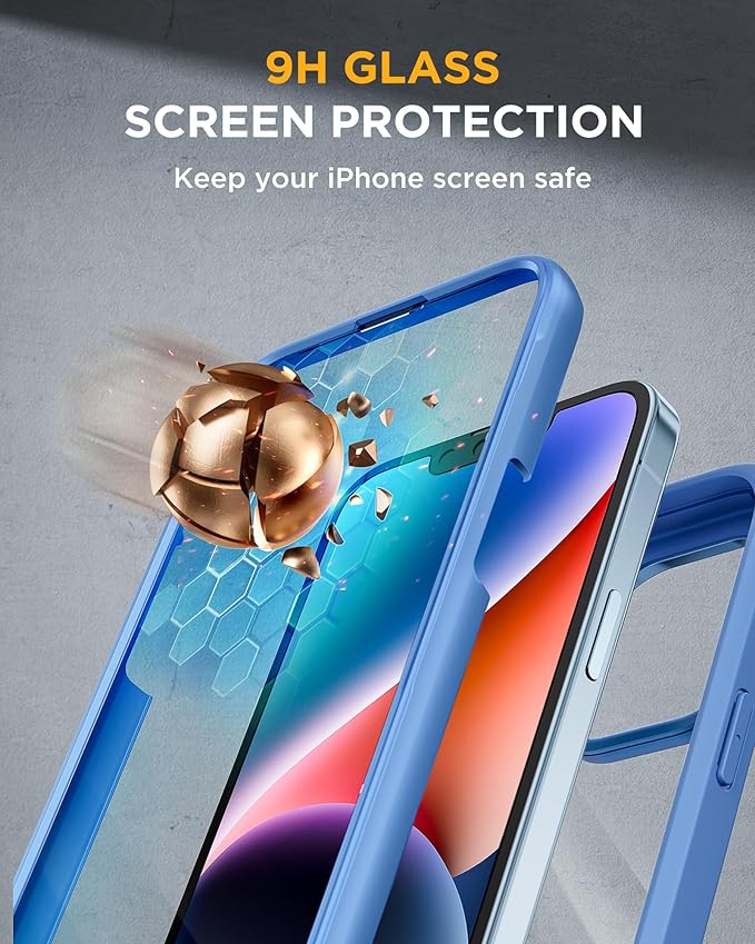 Miracase Glass Series Designed for iPhone 14 Case 6.1 inch, 2023 Upgrade Full-Body Clear Bumper Phone Case with Built-in 9H Tempered Glass Screen Protector and Camera Lens Protector,Blue