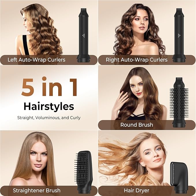 5 in 1 Air Styler, Air Wrap Hair Styler, 1300W Hair Dryer Brush with High-Speed Negative Ionic, Auto-Wrap Curler, Straightening & Hot Air Brush, Blow Dryer Brush for Fast Drying No Heat Damage