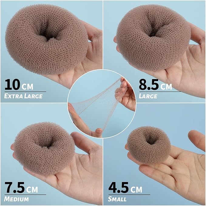 FANDAMEI Hair Donut Bun Maker Kit - 4 Hair Bun Maker, 20 Invisible Hair Nets for Buns, 5 Elastics, 20 Bobby Pins, Bun Nets for Ballet girls,Hair Donuts for Buns - Tan Brown
