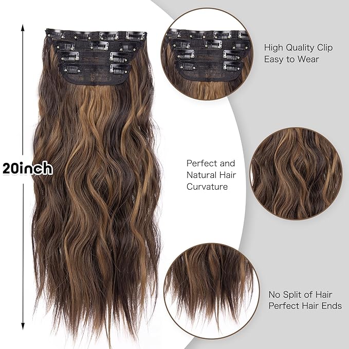 4PCS Clip in Hair Extensions for Women Brown Highlighted Caramel Blonde Long Wavy Thick Hair Extensions Clip in Double Weft Hair Extension for Daliy Use (4pcs, 20Inch, H2/426#)