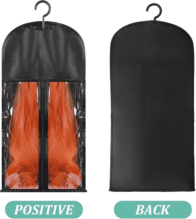 2Pcs Hair Extension Holder Wig Storage Bags with Hanger for Multiple Wigs Dust Proof Wig Hanger for Store Hair Extensions wigs Accessories(Black)