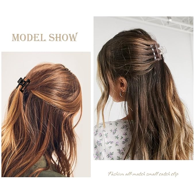 Cobinaan Small Claw Hair Clips for Women Girls, 10 Pieces 1.5 Inch Mini Hair Jaw Clips for Thin/Medium Thick Hair, Matte Rectangle Nonslip Clip with Gift Box (Black+clear color series)