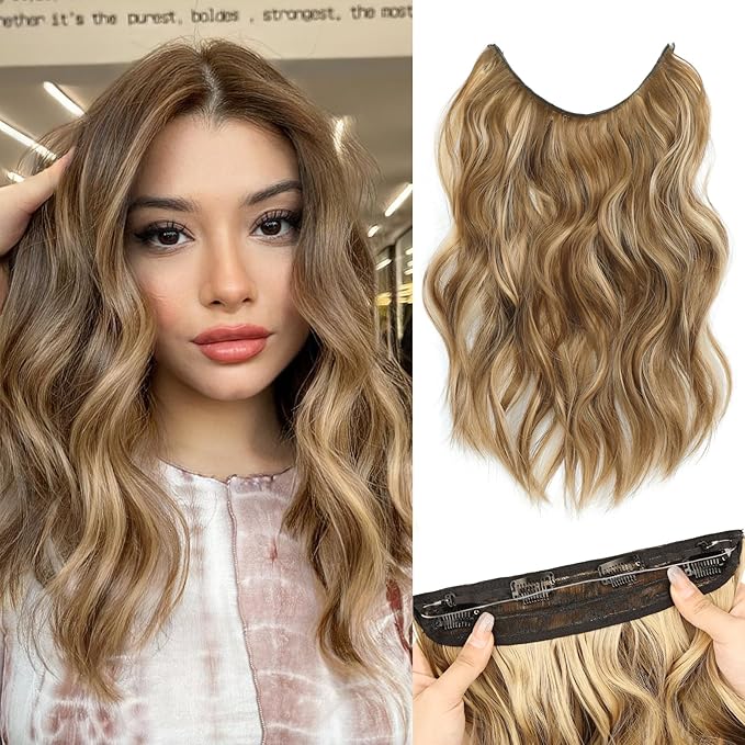 MORICA Invisible Wire Hair Extensions - 14 Inch Brown Mixed Blonde Long Wavy Synthetic Hairpiece with Transparent Wire Adjustable Size, 4 Secure Clips for Women(Brown Mixed Blonde,14Inch)