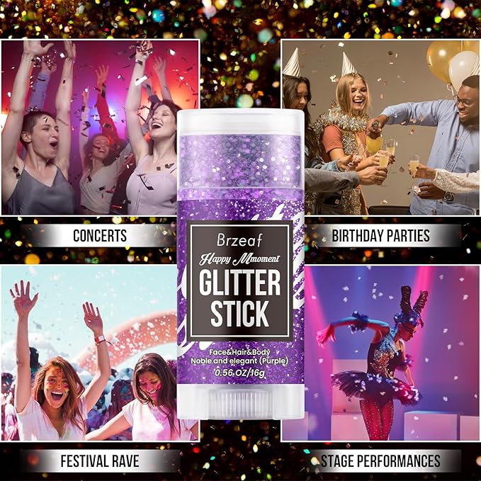 Brzeaf Waterproof Purple Glitter Stick, Not Greasy & Shimmery & Long Lasting, Chunky Glitter for Face/Body/Hair/Eyes, Singer Concert Music Rave Festival, Glitter Stick Makeup for Women Men
