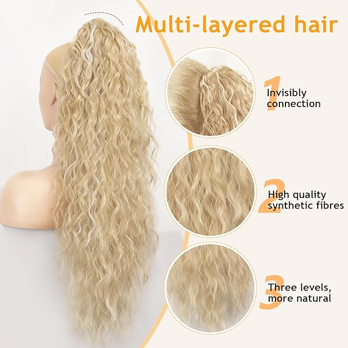 ORSUNCER Ponytail Extension Claw 30" Curly Pony Tail Clip in Claw Hair Extensions Fluffy Natural Looking Synthetic Hairpiece for Women Blonde Highlight