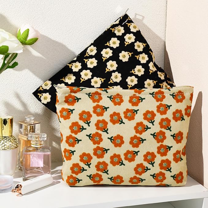 2 Pieces Flower Makeup Bag Large Corduroy Cosmetic Bag Capacity Canvas Travel Toiletry Bag Organizer Cute Makeup Brushes Aesthetic Accessories Storage Bag for Women, Flower L Orang Black