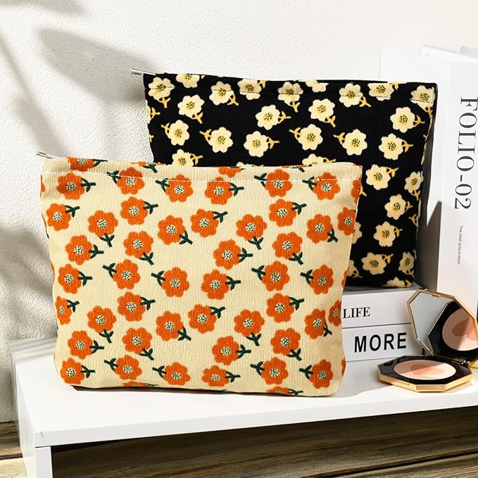 2 Pieces Flower Makeup Bag Large Corduroy Cosmetic Bag Capacity Canvas Travel Toiletry Bag Organizer Cute Makeup Brushes Aesthetic Accessories Storage Bag for Women, Flower L Orang Black
