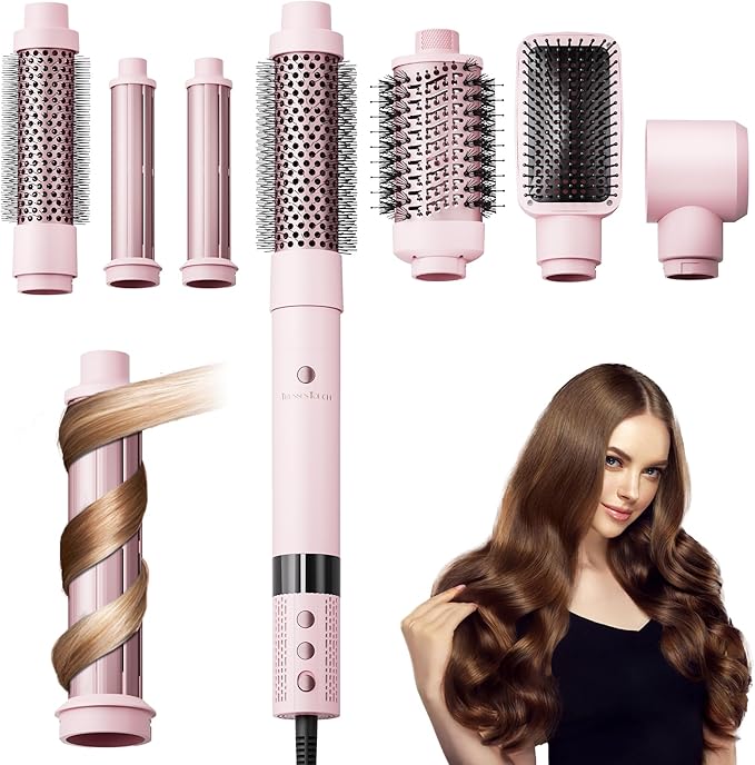 6-in-1 High-Speed Hair Dryer Brush Blow Dryer 110,000 RPM with Interchangeable Heads, Hair Styling Tools for Styling No Heat Damage, Magic Air Wrap Hair Styler, Blowout Thermal Brush Set, Pink