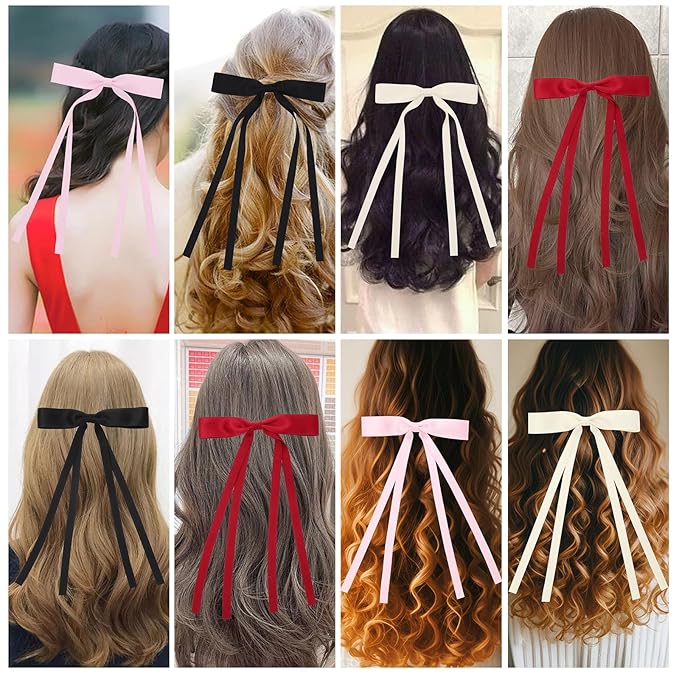 Hair Bows for Women,Ribbon Hair Bows With Long Tail,Hair bow clips Hair Barrettes for Women Accessories (Black, Beige, Pink, Red)