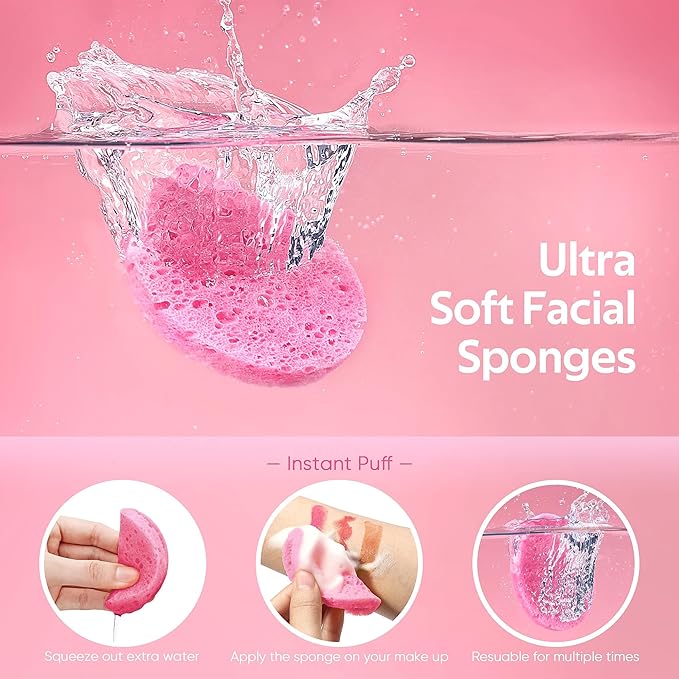 50-Count Compressed Facial Sponges for Daily Facial Cleansing and Exfoliating, 100% Natural Cosmetic Spa Sponges for Makeup Remover, Reusable, Pink