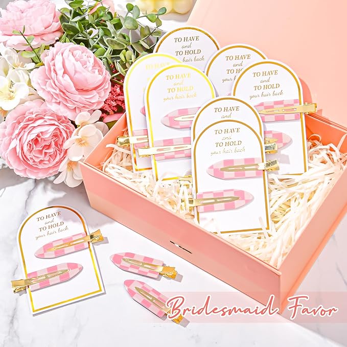 20PCS Bridesmaid Pink Checkered Hair Accessories - No Bend Creaseless Glitter Hair Clips for Bride Women Girls (20Pcs/10Cards)