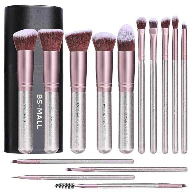 BS-MALL Makeup Brushes Premium Synthetic Foundation Powder Concealers Eye Shadows Makeup 14 Pcs Brush Set,Silver Purple with case