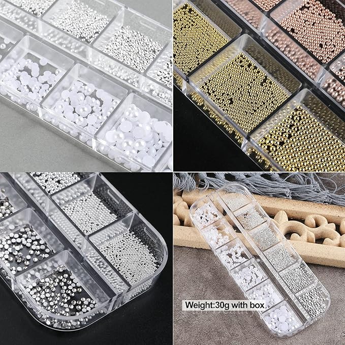 2 Boxes Nail Art Pearls Flatback Pearls Nail Charms Gold Silver White Half Round Nail Art Supplies Luxurious Design Nail Accessories Rhinestones for Women Nail Decorations.