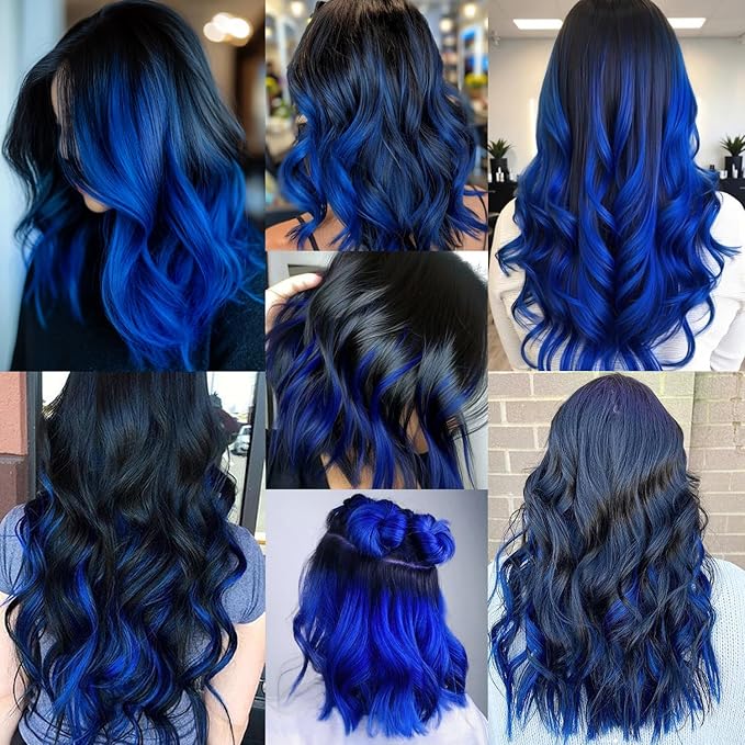 16 Pcs Colored Hair Extensions Curly Wavy Clip in Synthetic Hairpiece Streak for Girls Women Kid, Multi-colors Party Highlights Cosplay Festival Gift(Blue)