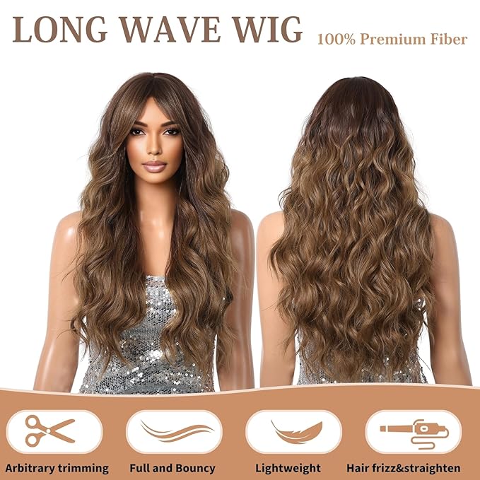 Ombre Brown Wig 26 Inch Long Curly Wigs for Women Synthetic Hair Wavy Wig,Natural Hair Wig With Bang for Daily Party Use
