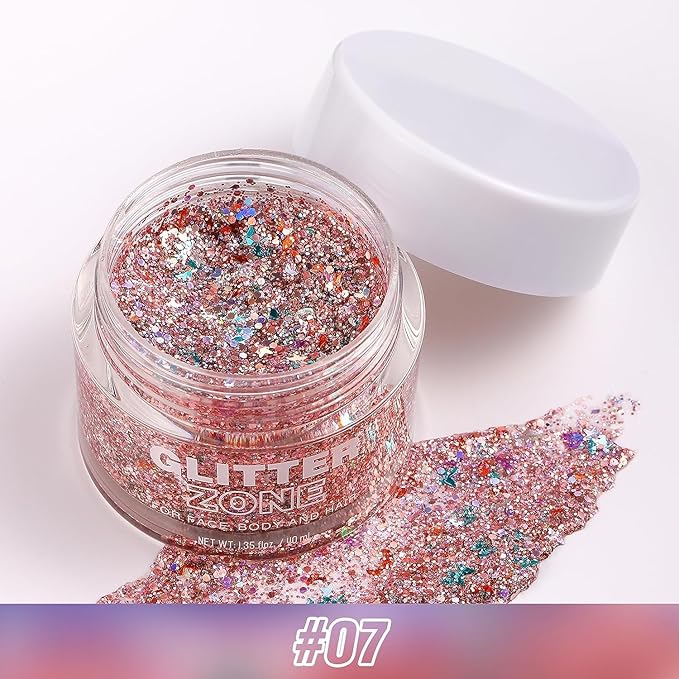 Holographic Body Glitter Gel - Cosmetic-Grade, Halloween Glitter Makeup Glitter for Face, Body, and Hair, Safe and Easy to Use, Perfect for Festivals Parties (07 Pink Stardust)