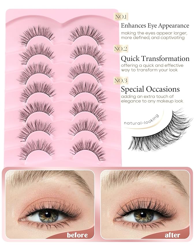 Onlyall Natural Lashes Wispy Lashes Natural Look False Eyelashes Natural Flared Eyelashes False Eye Lashes Soft Fluffy Lashes 7 Pairs T28