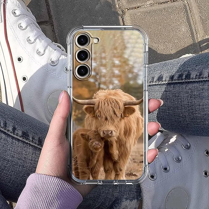 for Samsung Galaxy S23 Case with Cow Design,Cute Highland Cattle Family Pattern,Clear Slim Soft TPU Bumper Case,6.1”(Cow,S23)