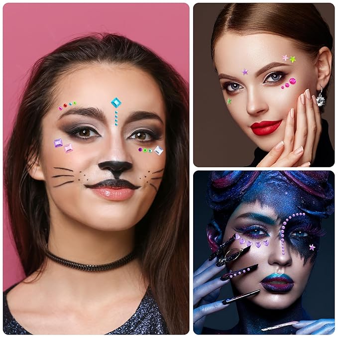 OIIKI 4 Sheets Colorful Star & Heart Face Gems, Acrylic Crystal Face Gems, Halloween Round Square Makeup Stickers - 4 Styles Rhinestones Tattoos for Women & Girls
