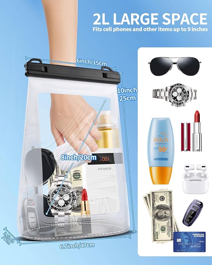2L Waterproof Phone Pouch Floating - Waterproof Bag Dry Bag for Kayaking Beach, Cruise Ship Essentials 2025 IPX8 Large Water Proof Bags for iPhone 16 15 14 13 12 Pro Max Galaxy Pixel White