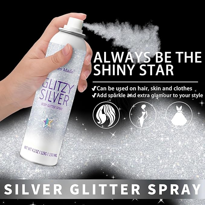 Body Glitte Spray, 150ML Silver Glitter Spray for Hair and Body, Long-Lasting and Quick-Drying Glitter Hairspray for Kids Women, Body Shimmer Festival Rave and Makeup 4.2 Fl Oz