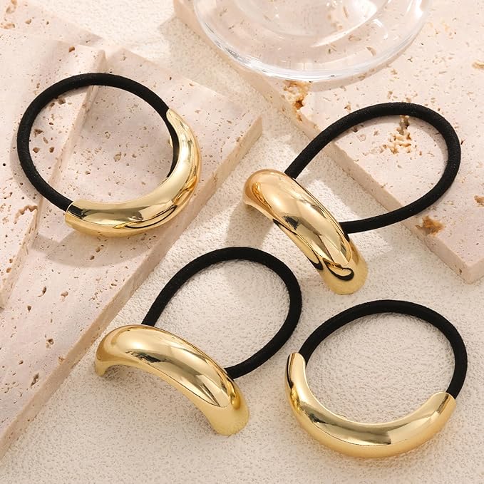 4PCS Gold Hair Ties, Metal Hair Ties for Thick Hair, Elegant Durable Round Geometric Design Hair Cuffs, Gold Hair Accessories Stretchy Non-Damage Ponytail Holders