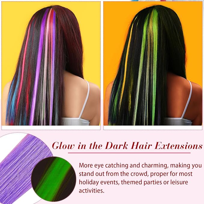 20 Pcs Glow in the Dark Colored Hair Extensions Clip 20 Inch Rainbow Party Hairpiece for Women, 10 Color(Dark Purple, Blue, Pink, Watermelon Red, Light Purple)