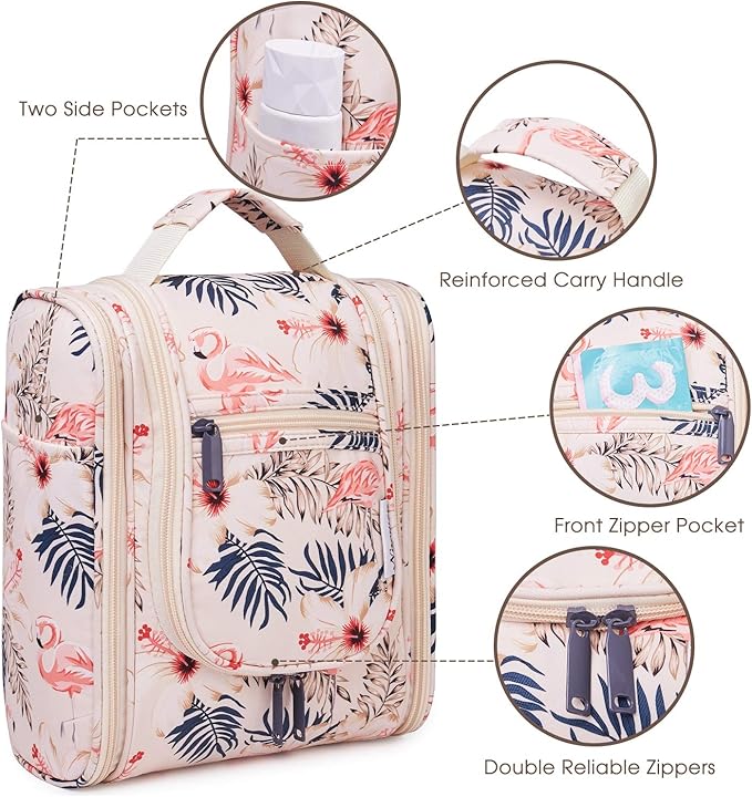 Narwey Small Hanging Toiletry Bag Women Travel Makeup Bag Organizer Toiletries Bag for Travel Size Essentials Accessories Cosmetics(Medium, Beige Bird)