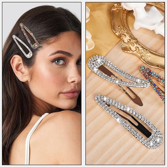 8PCS Rhinestone Hair Clips, Water Drop Crystal Hair Barrettes, Bling Metal Snap Duckbill Hairpins Sparkle Hair pin, Glittering Hair Accessories for Women Girls-Color, Gold, Silver, Black