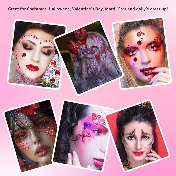 NIACONN 1760 Pcs Red Hair Jewels Face Gems Stick on, Self Adhesive Glitter Rhinestones Stickers for Women Body Eyes Nails Festival Halloween Makeup & Crafts