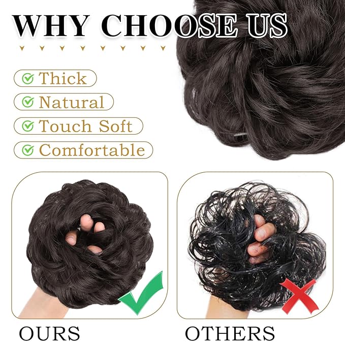 MORICA 1PCS Messy Hair Bun Hair Scrunchies Extension Curly Wavy Messy Bun Hair Synthetic Chignon Hairpieces for Women(4#(Darkest Brown Tend to Black))