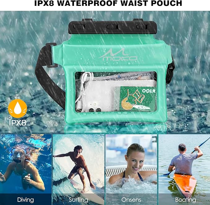 MoKo Waterproof Phone Pouch Fanny Pack, Floating Dry Bag for Swimming Kayaking Snorkeling, Compatible with iPhone 14 13 12 11 Pro Max X/Xr/Xs Max, Galaxy S21 Ultra/S9/Note 10 Plus, Mint Green