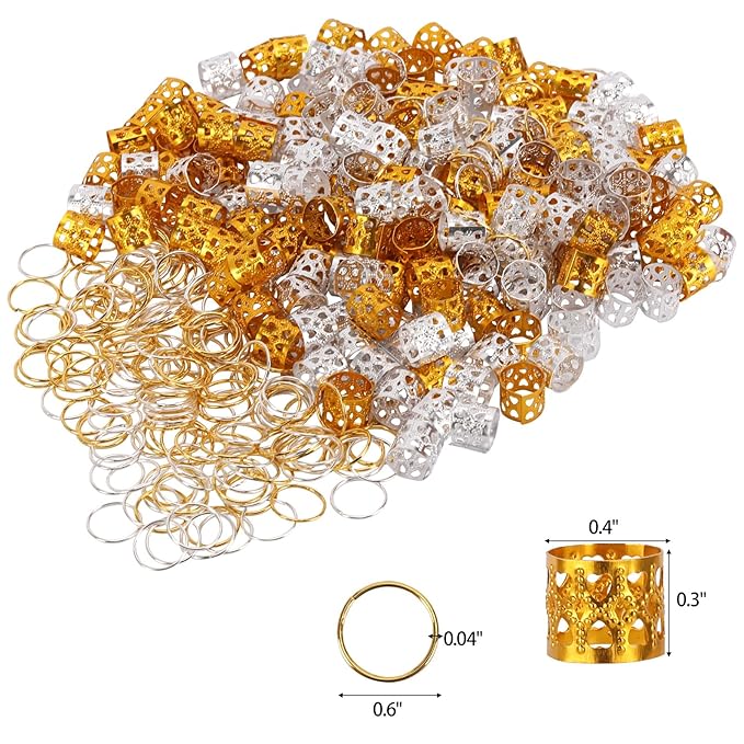 200 Pcs Dreadlocks Beads and 200 Pcs Hair Braid Rings, Hair Braiding Metal Cuffs Decoration Accessories Jewelry, Silver and Gold