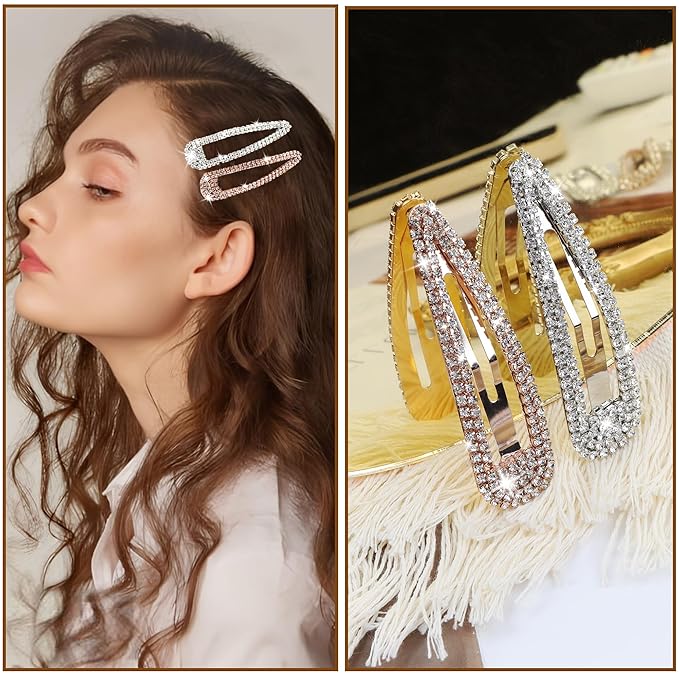 8PCS Rhinestone Hair Clips, Water Drop Crystal Hair Barrettes, Bling Metal Snap Duckbill Hairpins Sparkle Hair pin, Glittering Hair Accessories for Women Girls-Color, Gold, Silver