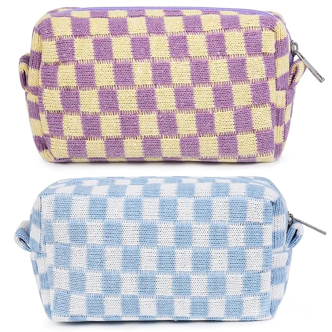 2 Pieces Makeup Bag Checkered Cosmetic Bag Purple Blue Makeup Pouch Travel Toiletry Bag Organizer Cute Makeup Brushes Storage Bag for Women