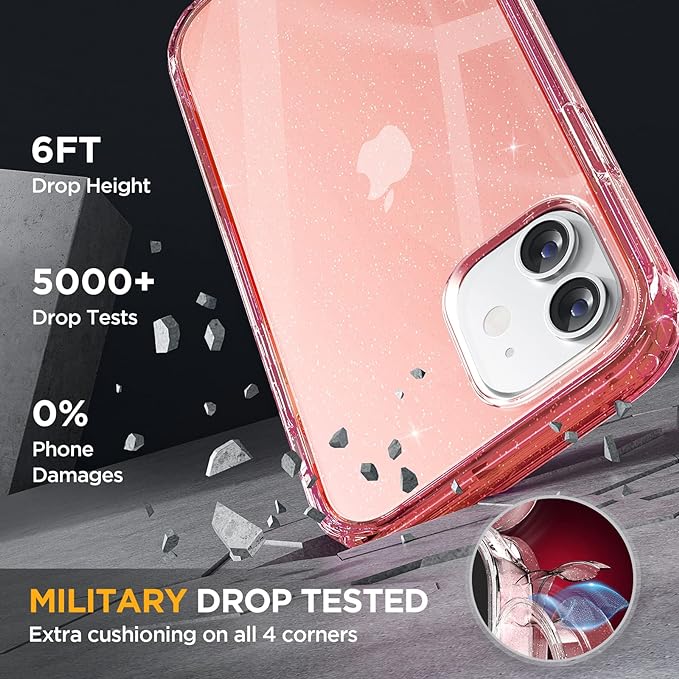 Miracase Glass Series for iPhone 12/12 Pro - Full-Body Rugged Protective Case with Built-in 9H Tempered Glass Screen Protector and Camera Lens Protector - Glitter Rose