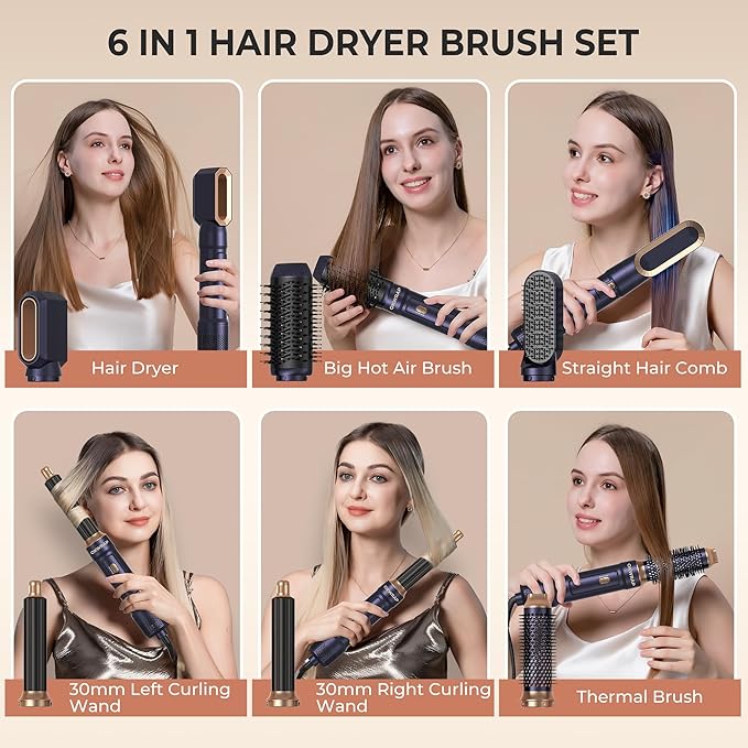 6 in ONE Blow Dryer Brush,Air Curling Iron Round Brush for Blow Out 1000W,Ionic Hair Dryer Brush for Women, Blowout Brush Air Styler Curler