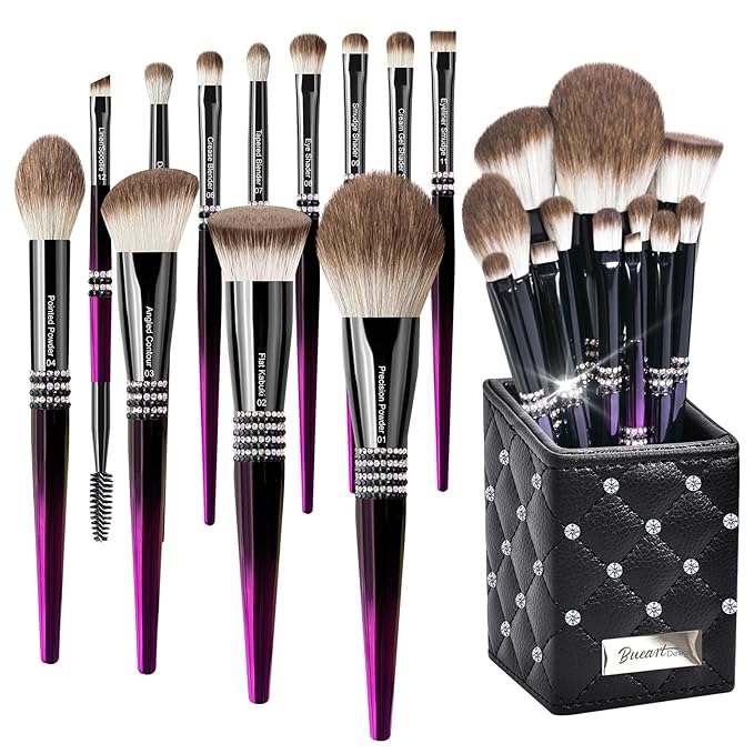Bueart Design 16PCS Ultra Soft Labeled Makeup Brushes Set with HOLDER case Cosmetic make up brush set (16Pcs Black Rose Red+Holder)