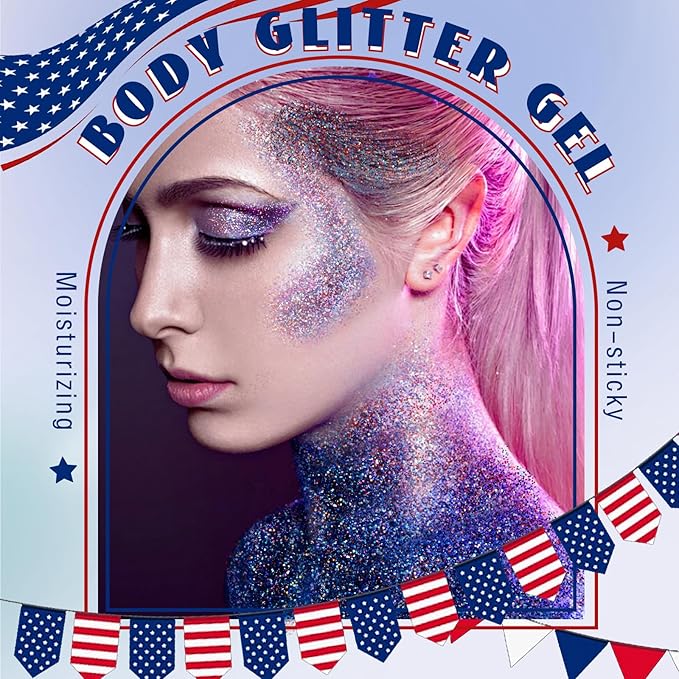 Red White and Blue Roll-on Body Glitter Gel, 4th of July Accessories Holographic Face Glitter Gel, Fourth of July Costume Makeup for Independence Day President's Day Patriotic Veterans Day