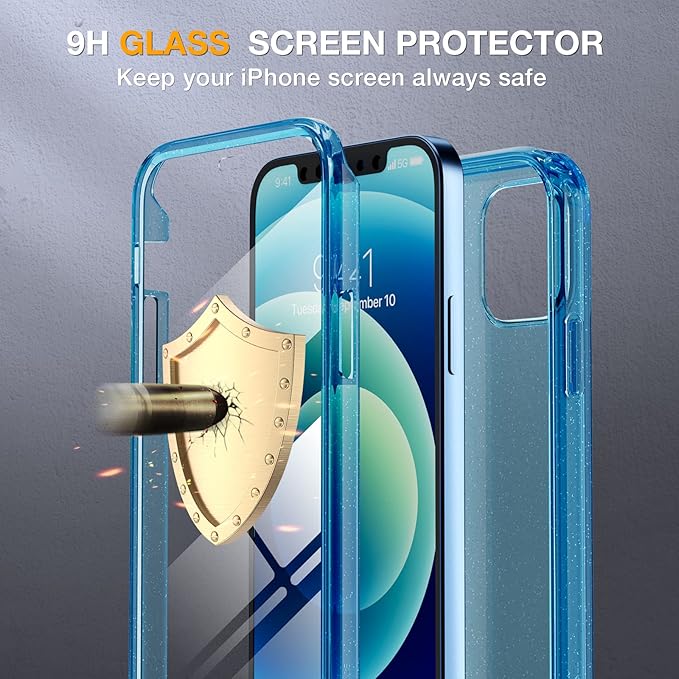 Miracase Glass Series for iPhone 12/12 Pro - Full-Body Rugged Protective Case with Built-in 9H Tempered Glass Screen Protector and Camera Lens Protector - Glitter Blue
