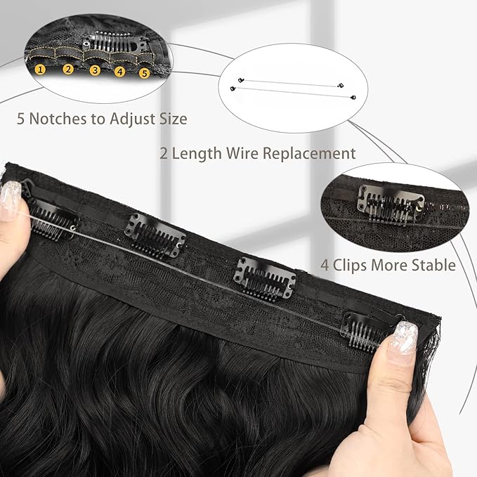 MORICA Halo Hair Extensions 20 Inch Natural Black Invisible Wire Hair Extensions,Long Wavy Synthetic Hairpiece with Transparent Wire Adjustable Size, 4 Secure Clips for Women