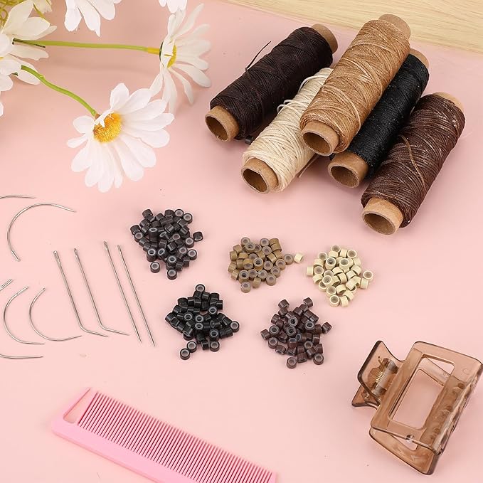 2500 Pcs Hair Extensions Micro Rings Links Beads and 5 Rolls Extensions Sewing Thread and 10 Pieces C/J/I Needles Kit for Human Hair Hand Sewing Wig DIY Craft