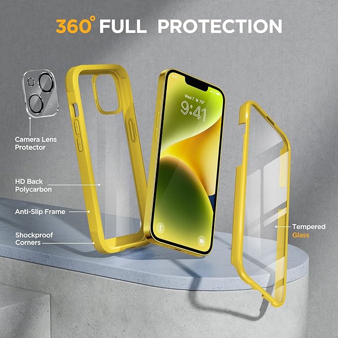 Miracase Glass Series Designed for iPhone 14 Case 6.1 inch, 2022 Upgrade Full-Body Clear Bumper Case with Built-in 9H Tempered Glass Screen Protector and Camera Lens Protector,Lemon